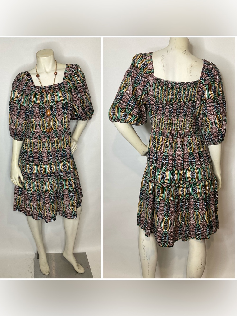 Colorful Abstract African Print Puff Sleeve Smocked Tiered Cotton Dress Size XL